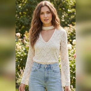 Takara White Lace Choker Blouse With Bell Sleeves Size S